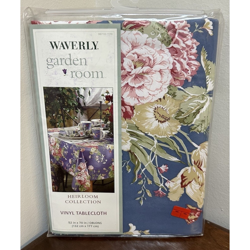 WAVERLY Garden Room Heirloom Blue Floral Toil Vinyl Tablecloth 52 x 70 Oblong